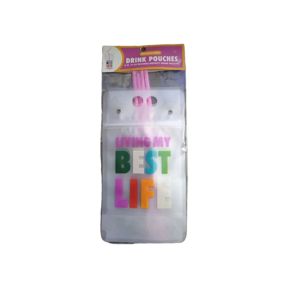 4 Pcs Drink Pouches For Adults Plastic Flask Reusable Disposable Bags w/ Straws